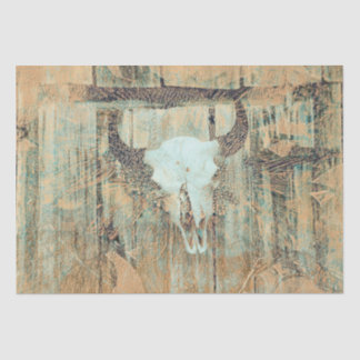 Papel De Seda Vintage Western Bull Skull Teal Brown Abstrato Art
