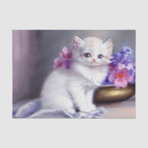 Papel De Seda Vintage White Kitten com Flores Rosa e Púrpura