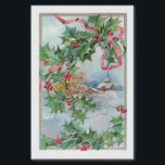 Papel De Seda Vintage Winter Rural Village e Christmas Holly<br><div class="desc">Cena de inverno rural encantadora,  com cascas cobertas de neve,  montanhas e árvores na fronteira da cinza clara e festivas,  amarradas com fita vermelha.</div>