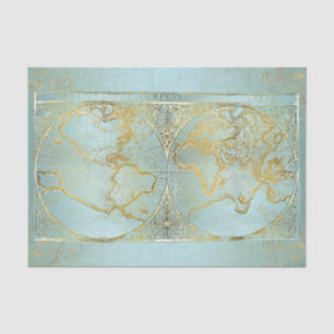 Papel De Seda Vintage World Map Dourada Aqua Blue Decoupage