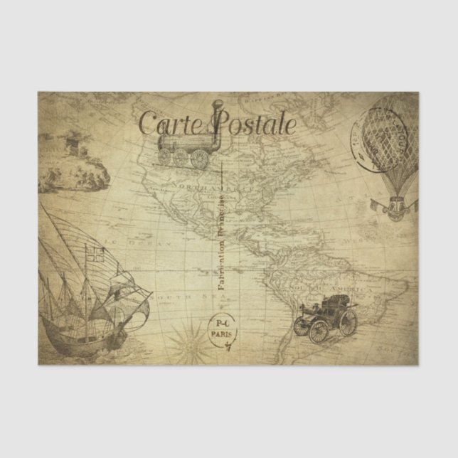 Papel De Seda Vintage World Map Viagem com Transportes Franceses (Frente )