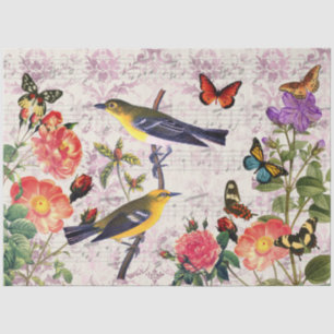 Papel De Seda Vintage Yellow Birds Flowers Sheet Music Decoupage