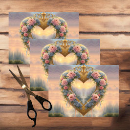 Papel De Seda Vitoriano, coração ouro com flores e dizendo