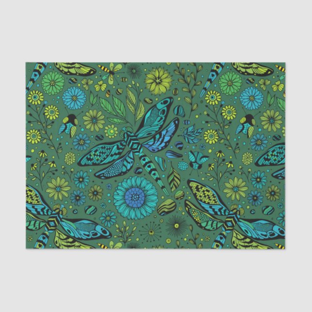 Papel De Seda Voa, voa libélula em esmeralda verde (Frente )