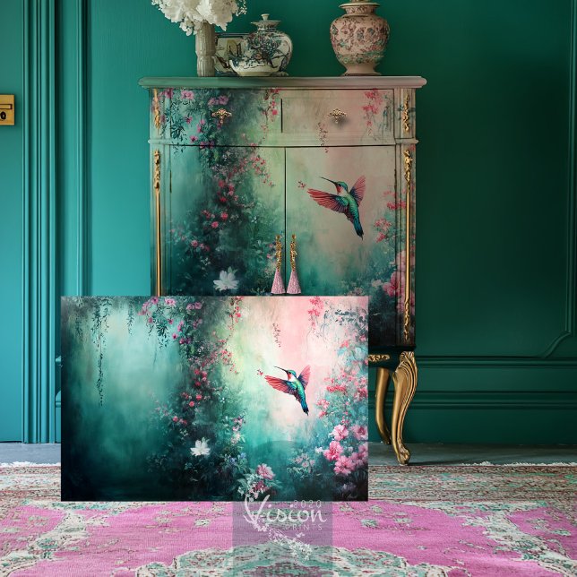 Papel De Seda Voo do Jardim Floral de Hummingbird (Flight of the Hummingbird Ethereal Floral Garden Teal & Pink Decoupage Tissue Paper)