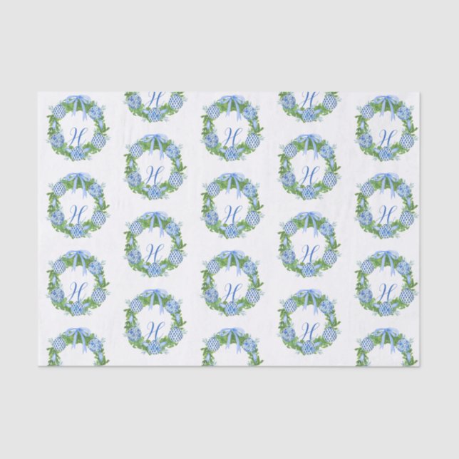 Papel De Seda Watercolor Chinoiserie Wreath Christmas Monograma (Frente )