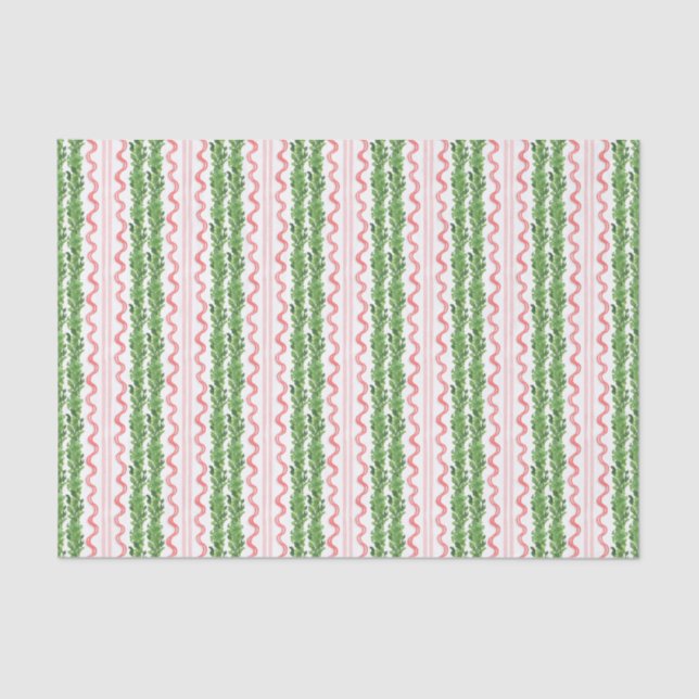 Papel De Seda Watercolor Christmas Garland & Red Ribbon Stripes (Frente )