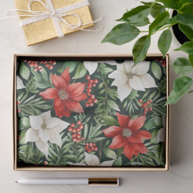 Papel De Seda Watercolor Christmas Poinsettias and Berries (Presente)