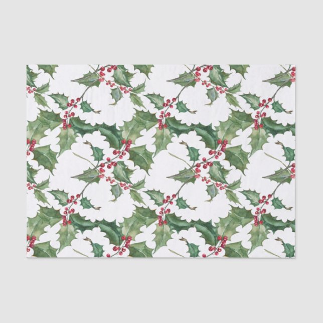 Papel De Seda Watercolor Holly e Red Berries (Frente )