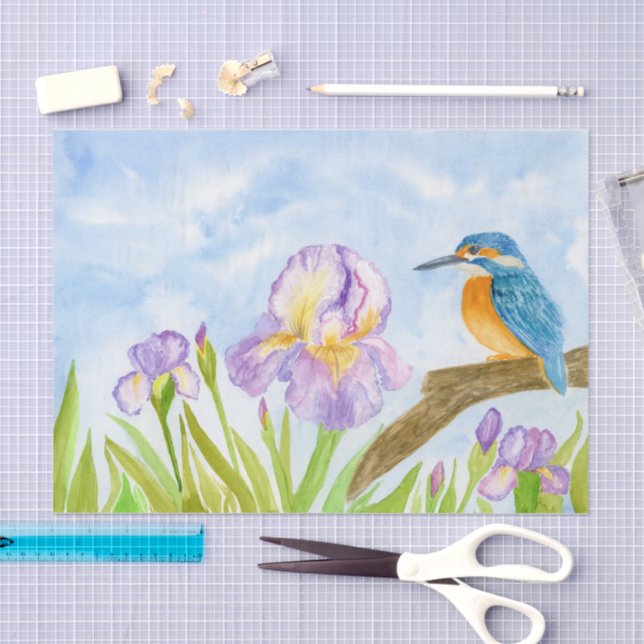 Papel De Seda Watercolor Kingfisher with Purple Irises  (Arte )