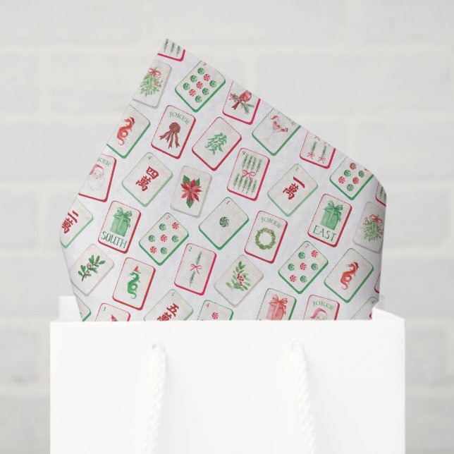 Papel De Seda Watercolor Mahjong Red & Green Christmas Tiles (Sacola de presentes)