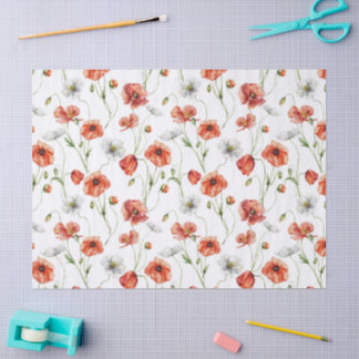 Papel De Seda Watercolor Meadow Poppies And White Wildflowers