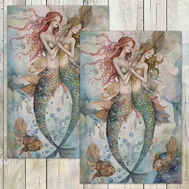 PAPEL DE SEDA WATERCOLOR MERMAID SISTERS DECOUPAGE (WATERCOLOR MERMAID SISTERS DECOUPAGE TISSUE PAPER)