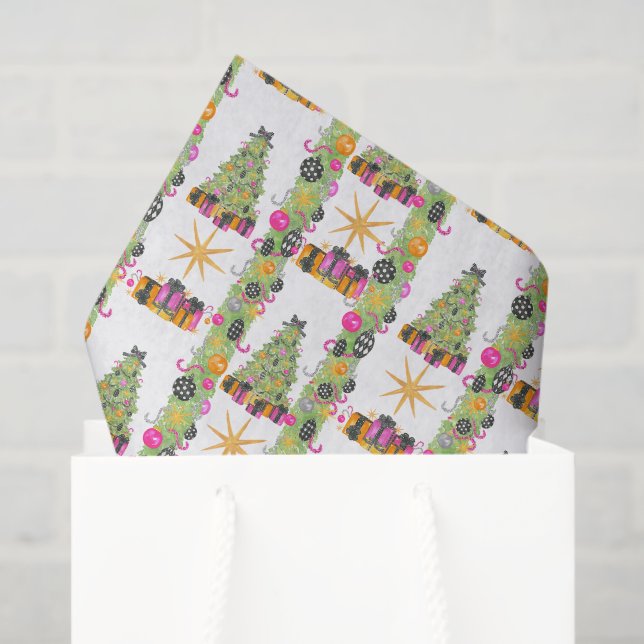 Papel De Seda Watercolor Preppy Bright Glamour Christmas Trees (Sacola de presentes)