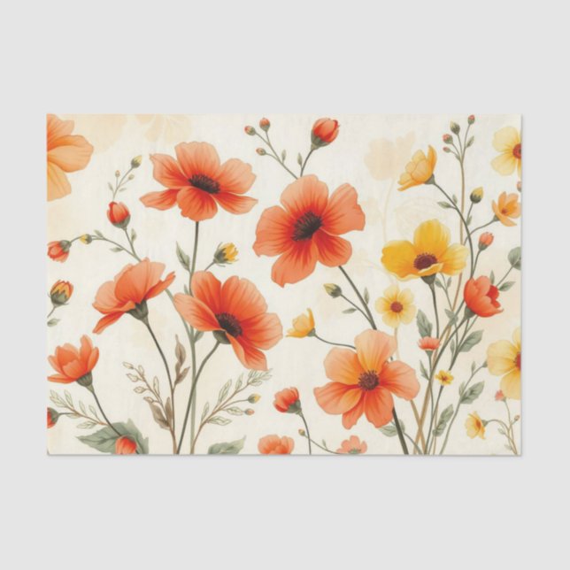 Papel De Seda Watercolor Red, Orange, Yellow Wildflowers  (Frente )