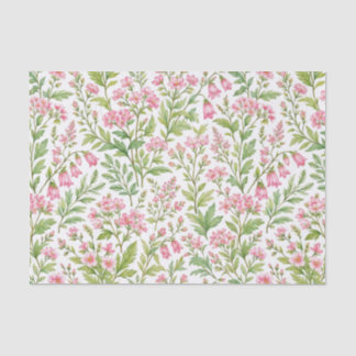 Papel De Seda Watercolor Summer Pink Flowers with Green Leaves