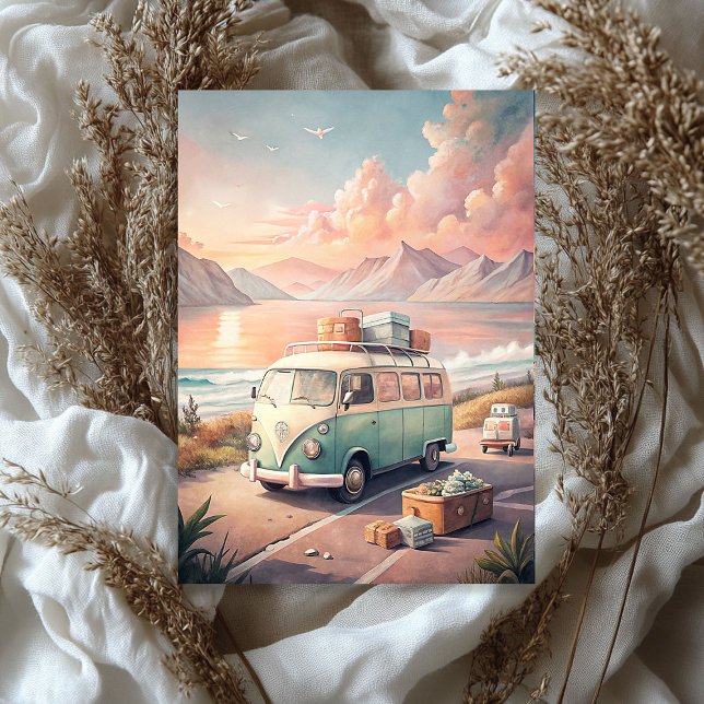 Papel De Seda Watercolor Summer viagem (Watercolor summer travel tropical retro bus tissue paper)