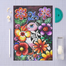 Papel De Seda Whimsical Abstract Puffin Bird In Flowers