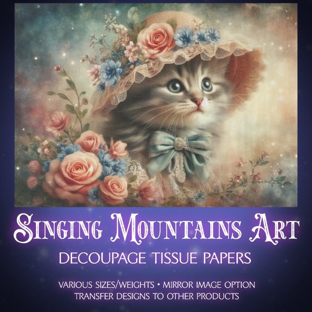 Papel De Seda Whimsical Cat In Floral Hat Decoupage  (Criador carregado)