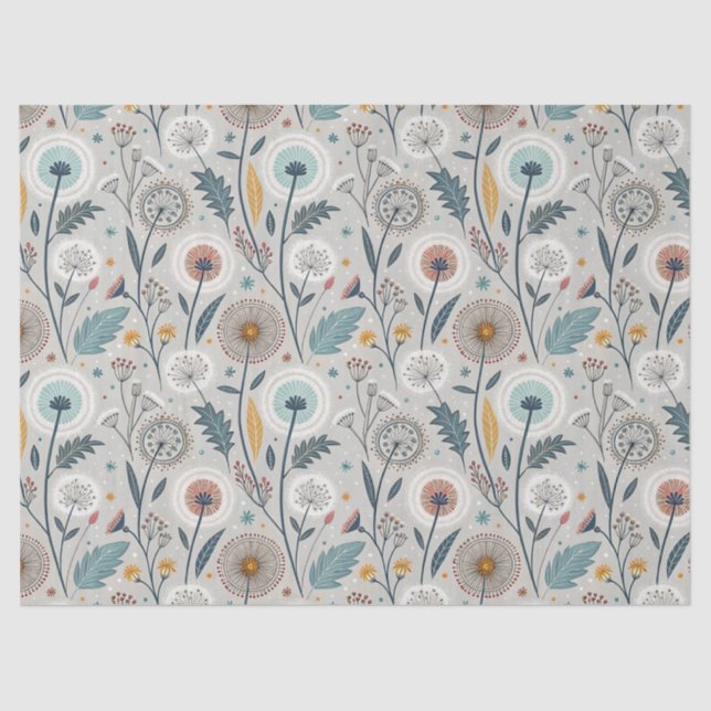 Papel De Seda Whimsical Dandelion & Floral Folk Art Seamless (Frente )