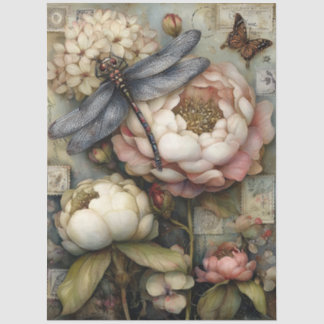 Papel De Seda Whimsical Peony & Dragonfly Ephemera Decoupage