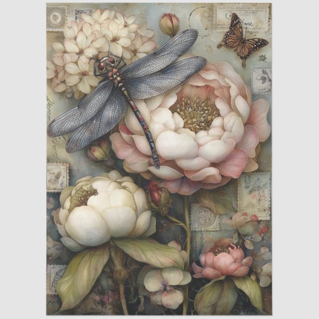 Papel De Seda Whimsical Peony & Dragonfly Ephemera Decoupage  (Frente )