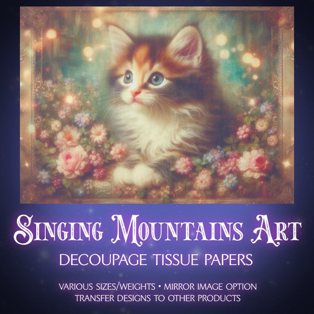 Papel De Seda Whimsical Shabby Chic Floral Calico Cat Decoupage (Criador carregado)