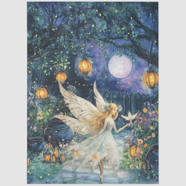 Papel De Seda Whimsical Watercolor Fairy Garden Decoupage Paper (Frente )