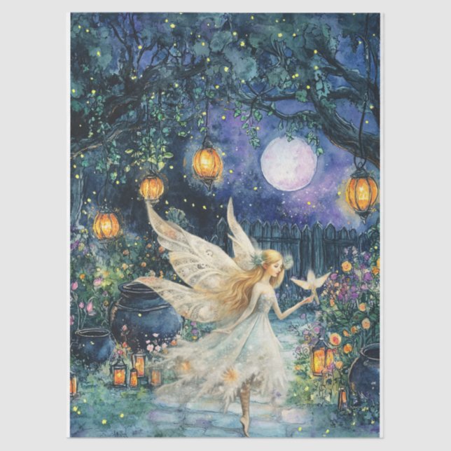 Papel De Seda Whimsical Watercolor Fairy Garden Decoupage Paper (Frente )