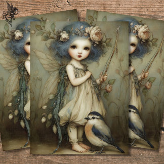 Papel De Seda Whimsical Woodland Fairy and Wren Portrait Art