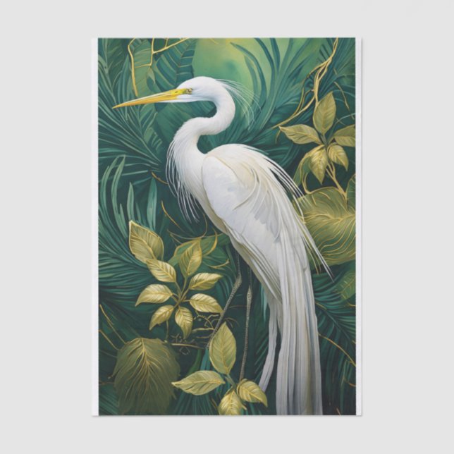 Papel De Seda White Crane Botanical Design, Elegant Tropical (Frente )