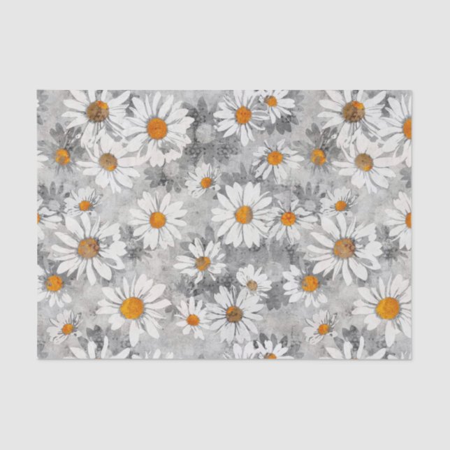 Papel De Seda White Daisies sobre padrão floral prateado (Frente )