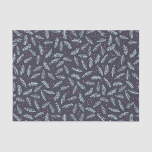 Papel De Seda White Pine Boughes Feather Holly Berries Natal (Frente )