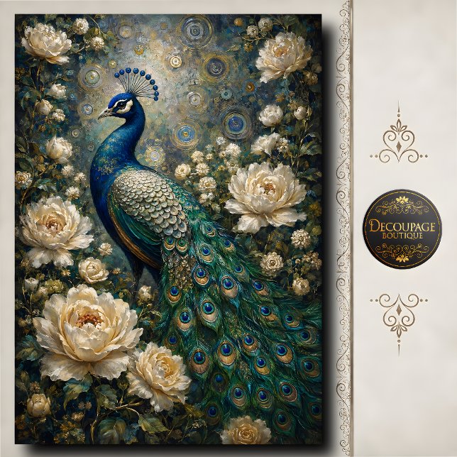 Papel De Seda White Rose Peacock Decoupage (White Rose Peacock Decoupage Tissue Paper)