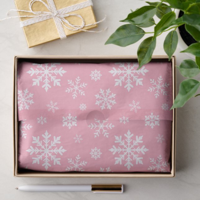 Papel De Seda White Snowflakes Pattern On Light Pink Background (Presente)