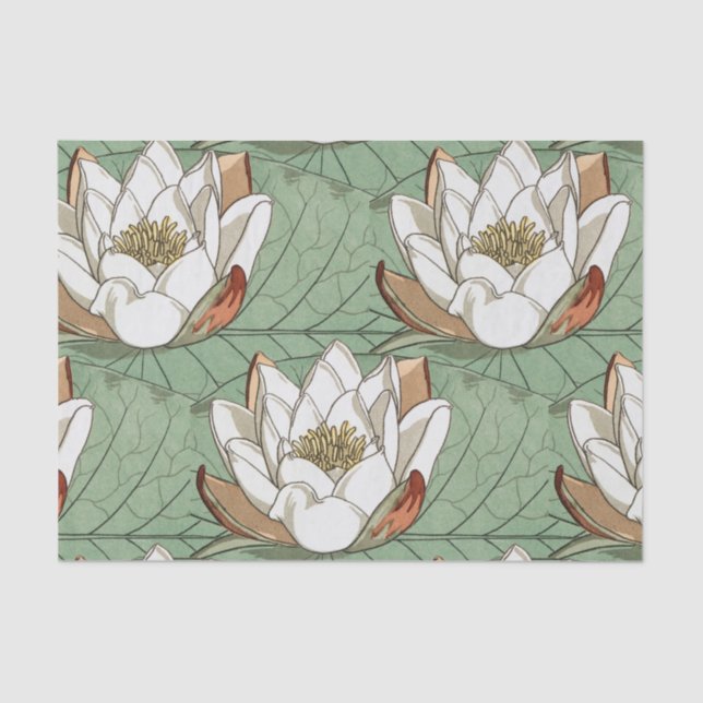 Papel De Seda White Waterlily Floral Art Nouveau (Frente )