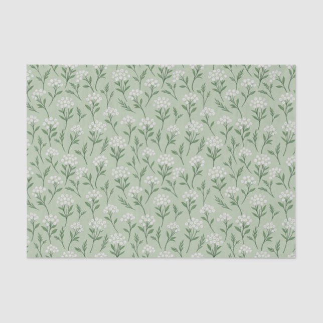 Papel De Seda White Wildflower Clusters Sage Green Botanical (Frente )