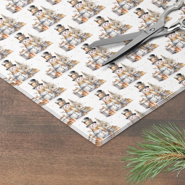 Papel De Seda White Winter Snowman no Natal (Black White Winter Snowman Christmas Tissue Paper)