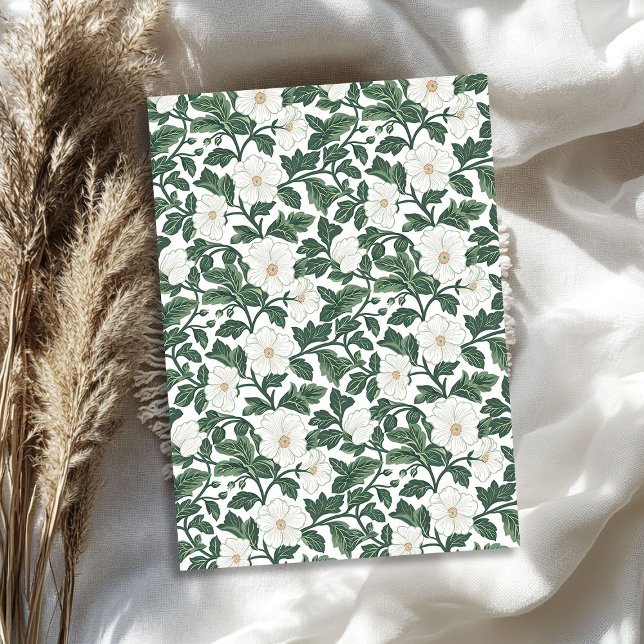 Papel De Seda William Morris inspirou flores brancas verde (William Morris inspired white flowers greenery Tissue Paper)