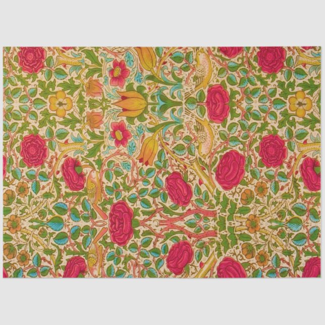 Papel De Seda William Morris Red Dourado Blue Green Birds Floral (Frente )