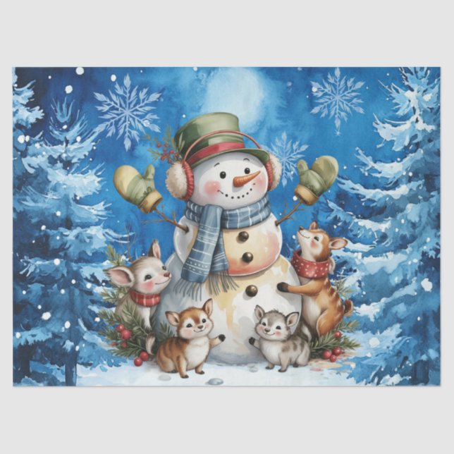 Papel De Seda Winter Blue Christmas Snowman & Woodland Animals (Frente )