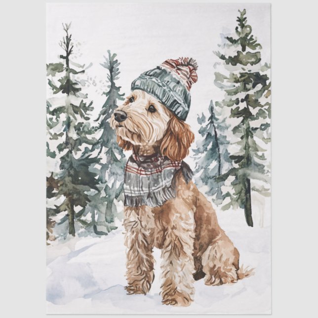 Papel De Seda Winter Labradoodle in Hat and Scarf Decoupage (Frente )