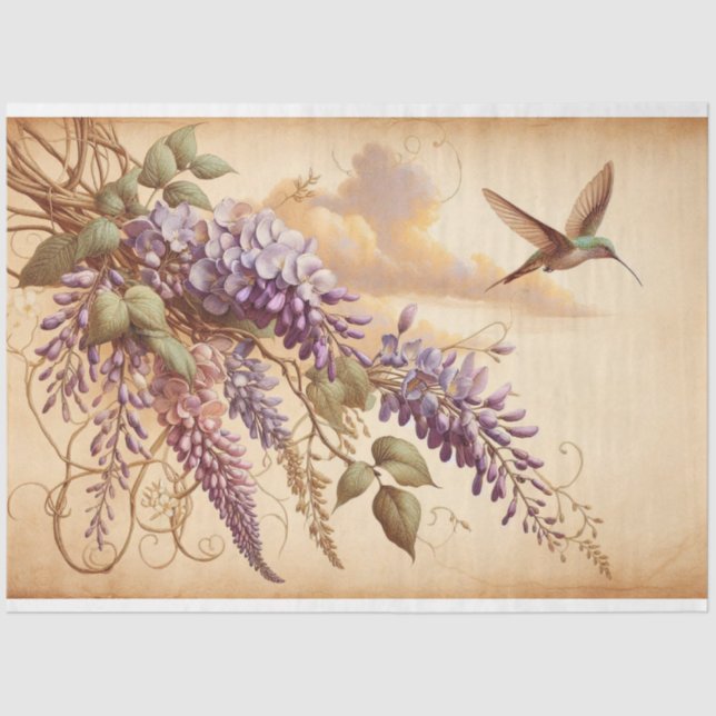 Papel De Seda Wisteria Vine Purple Flowers Hummingbird Decoupage (Frente )