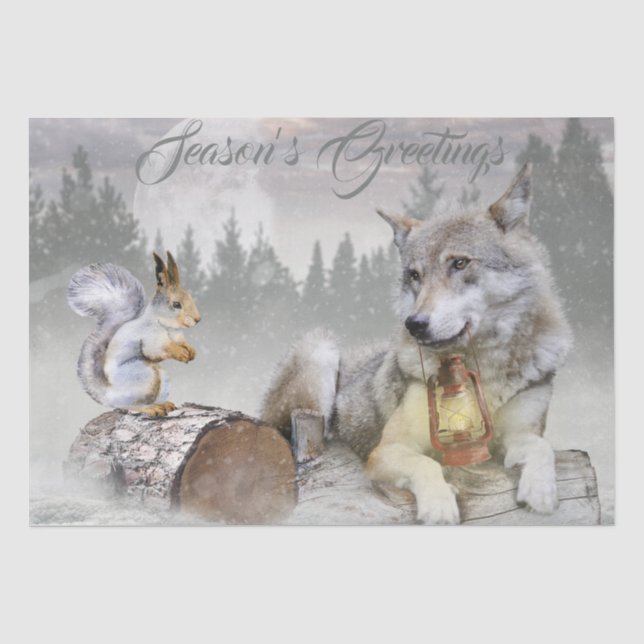 Papel De Seda Wolf Winter Snow Forest Moon Landscape (Frente )