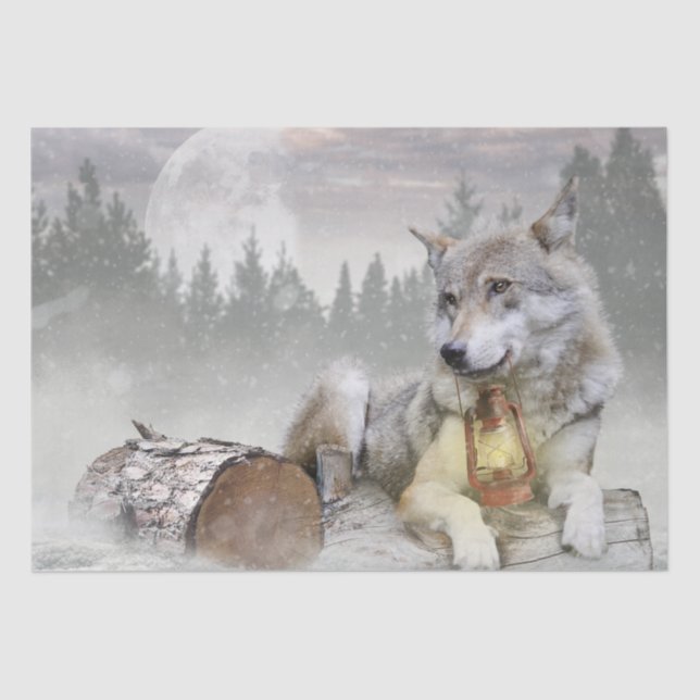 Papel De Seda Wolf Winter Snow Forest Moon Landscape (Frente )