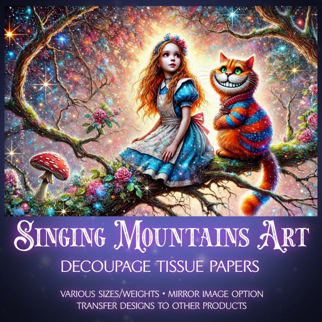 Papel De Seda Wonderland Treetop Alice Cheshire Cat Decoupage (Criador carregado)