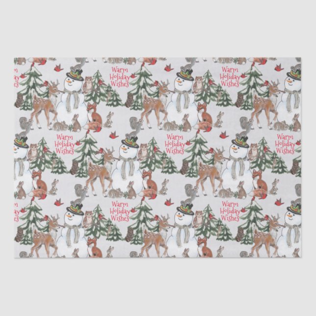 Papel De Seda Woodland Snowman Deer Fox Christmas Wish Cinza (Frente )