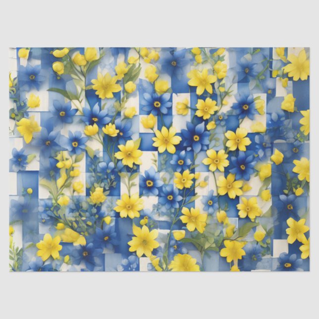 Papel De Seda Xadrez Azul e Branco com Flor Amarela e Azul (Frente )