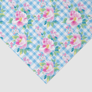 Papel de Seda Xadrez Azul e Floral Rosa