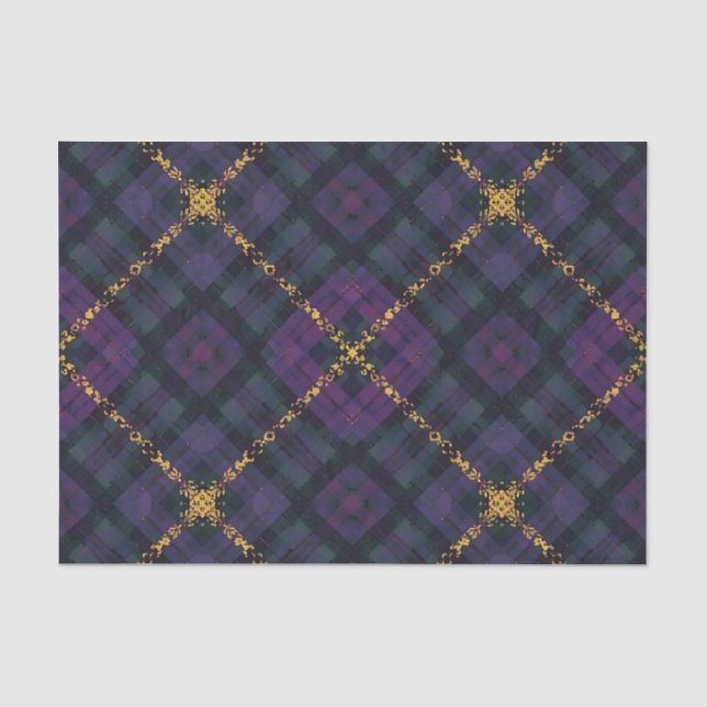 PAPEL DE SEDA XADREZ DE NATAL PRETO ROXO DOURADO COM BRILHO (Frente )